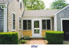 before and after photos of a home's front door, windows, and landscaping