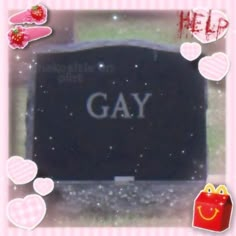 a black stone with the word gay written on it and hearts around it in pink