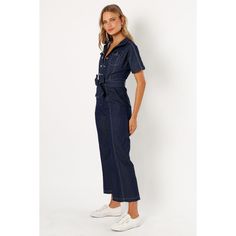 Introducing the perfect addition to your casual wardrobe: our Denim Jumpsuit! With its V-neckline, collared neckline and short sleeves with rolled cuffs, this jumpsuit is sure to become your new go-to. Spring Collared Denim Jumpsuits And Rompers, Spring Cotton V-neck Denim Jumpsuit, Spring Denim Jumpsuit For Workwear, Denim Jumpsuit For Workwear In Spring, Fitted Casual Denim Jumpsuit With V-neck, Casual Workwear Overalls With Short Sleeves, Casual Short Sleeve Overalls For Workwear, Casual High-rise Jumpsuits And Rompers For Work, Casual High Rise Jumpsuits And Rompers For Work