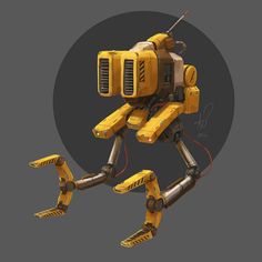 a yellow robot that is standing in the air