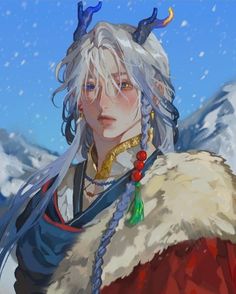 an anime character with long white hair and blue eyes, wearing a fur coat in front of snow covered mountains