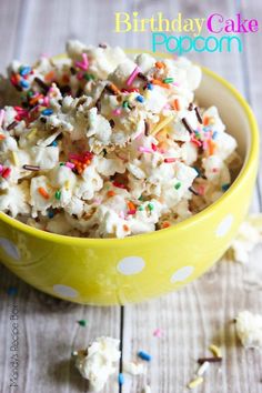 the cover of made from pinterest magazine features a yellow bowl filled with birthday cake popcorn