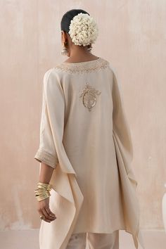 Ivory asymmetric kaftan with gota embroidered floral motifs, embellished by sequins. Comes with tulip pant. - Aza Fashions Tulip Pants, Jayanti Reddy, Embroidered Kaftan, Rohit Bal, Pant For Women, Chinese Silk, Tarun Tahiliani, Billionaire Boy, Luxury Sale