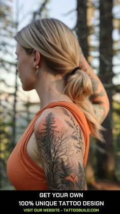 a woman in an orange tank top with tattoos on her arm and shoulder, looking into the distance