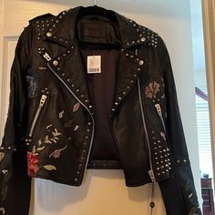 Leather Bling Jacket With Amazing Embroidery On Back!! Very Stylish! Embellished Leather Jacket, Battle Jacket Ideas, Punk Battle Jacket, Rock Denim Jacket, Blank Nyc Leather Jacket, Battle Jackets, Bling Jacket, Jacket Diy