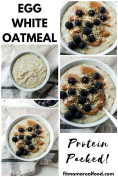 four photos showing the steps to make an egg white oatmeal recipe with blueberries and almonds