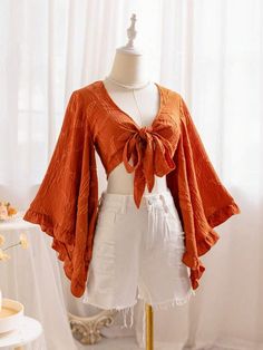 Bell Sleeve Top Outfit 70s, Feminine Long Sleeve Tops, Pirate Shirts For Women, Open Back Shirts For Women, Boho Styles For Women, Esentric Fashion Women, Orange Bell Sleeve Top, Hippy Clothes For Women, 70s Wrap Top