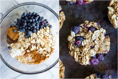 blueberries, oatmeal and granola in a glass bowl on a marble table