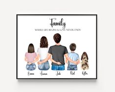 a family poster with three children and a dog sitting on the back of each child