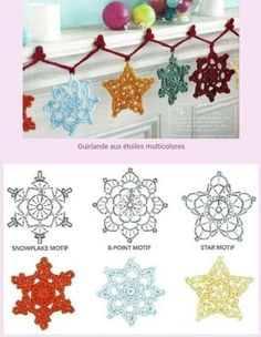 crochet snowflakes are hanging on the mantle