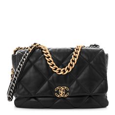 This is an authentic CHANEL Lambskin Quilted Maxi Chanel 19 Flap in Black.This bold shoulder bag is composed of black soft lambskin leather. It features an aged gold, polished silver and ruthenium chain black leather threaded shoulder strap, an aged gold chain handle and a facing gold Chanel leather threaded CC turn-lock for the facing flap. This opens to a red fabric interior with a zippered pocket. Chanel 19 Bag, Chanel 19, Gold Chanel, Leather Thread, Polish Silver, Red Fabric, Hand Bags, Lambskin Leather, Gold Chain