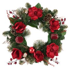 a christmas wreath with red flowers and pine cones