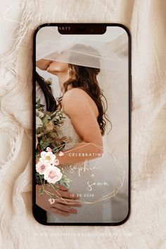 an iphone case with a wedding photo on the back and gold foil lettering that says celebration