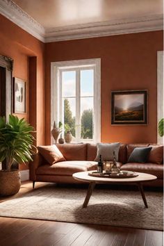 Living room with warm yellow walls Wall Painting Ideas Living Room 2 Colors, Clay Color Painted Walls, Persimmon Living Room, Rusty Orange Paint Color, Southwest Living Room Paint Colors, Terracota Wall Living Room, Coral Walls Living Room, Terracotta Living Room Walls, Warm Accent Wall Colors