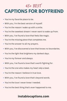 Discover heartfelt captions for your boyfriend! Express your love and appreciation with these romantic and sweet caption ideas for Instagram and social media. Find the perfect words to capture your relationship in a meaningful way. Quotes Aesthetic Boyfriend, Short Msg For Boyfriend Love Quotes, Rose Day Caption For Boyfriend, Sweet Caption For Boyfriend, Best Caption For Boyfriend, Cute One Liners For Boyfriend, Sarcastic Captions For Boyfriend, One Word For Boyfriend, Appreciation Captions For Instagram