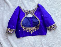 Maggam Work Boat Neck Blouse Designs Latest, Boat Neck Simple Maggam Work, Very Simple Aari Work Blouse Design Blue, Dark Blue Blouse Aari Work Designs, Blue Saree Aari Work Blouse, Blue Colour Maggam Work Blouses, Exclusive Blouse Designs, Gold Blouse Designs, Blue Blouse Designs