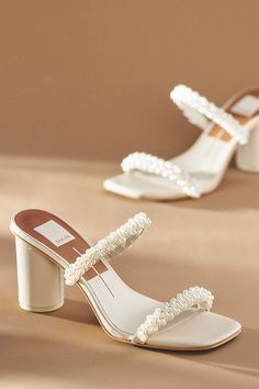 Step down the aisle in style with the Dolce Vita Noel heels, adorned with classic pearls. | Noel Pearl Heels by Dolce Vita in White, Women's, Size: 6, Leather at Anthropologie Coastal Birthday, Raffia Sandals, Western Style Boots, Bride Outfits, Wedding Week, Short Heels, Metallic Heels