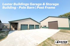 two garages are shown with the words, letter buildings garage & storage building - pole barn / post frame