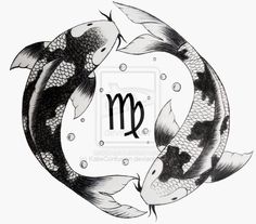 two black and white koi fish with the letter m in it's center