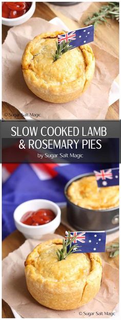 some food that is sitting on top of a piece of paper with the words slow cooked lamb and rosemary pies