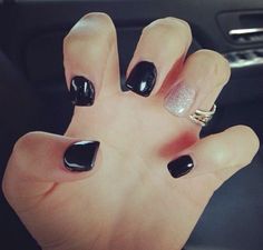 hehe Acrylic Nails With Silver, Painted Acrylic Nails, Ideas Pedicure, Nails With Silver, Black Gel Nails, Ring Finger Nails, Pedicure Ideas, Glitter Ring, Oh My Goddess