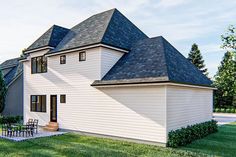 this is an artist's rendering of a white house with black shingled roofs