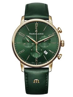 Case : Stainless Steel & Strap : Green leather Water resistance to 5 ATM 40mm Stylish Watches Men, Maurice Lacroix, Green Watch, Citizen Eco, Mens Gloves, Nixon, Watch Collection, Green Leather, Chronograph Watch