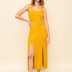 New With Tags Measurements In Photos Mustard Made, Thread Dress, Midi Dres, Yellow Belt, Hem Dress, Square Neck, Mustard, Colorful Dresses, Midi Dress