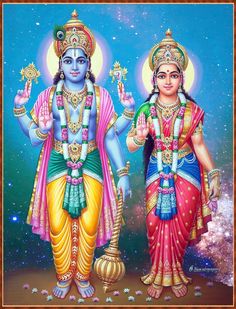 two deities standing next to each other in front of a blue sky with white stars