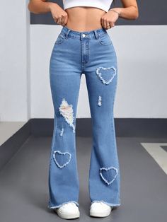 Women's Front Button Pockets Distressed Hem Jeans, Casual Everyday Wear Y2K Love Ripped Fashionable Casual Denim Stretch Bell Pants Medium Wash Casual   Denim Plain Flare Leg Medium Stretch  Women Clothing, size features are:Bust: ,Length: ,Sleeve Length: Cute Pants Aesthetic, Cute Flared Jeans, Heart Jeans, Pants Ripped, Cute Ripped Jeans, Thrift Store Fashion, Womens Ripped Jeans, Moda Denim, Cute Pants