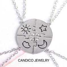 Who doesn't want to have a special and memorable necklace for the symbol of your friendship? You're my star, you're my sun, you're my moon and you're my cloud Material: Alloy Size: 3 * 3cm Chain Length : 45 + 5 cm PACKAGING  All jewelry is neatly packaged in a jewelry box that is gift ready. If you want to add a special note we can write for you and put it inside of the package for free, please leave us a note at checkout ！ SHIPPING All orders will be shipped out within 1 - 2 business days after the order has been received. Silver Metal Charm Necklace For Friendship, Silver Charm Necklace With Round Pendant For Friendship, Silver Round Charm Necklace For Friendship, Friendship Necklaces For 4, Cloud Material, Diy Bff, Best Friends Necklace, Cloud Pendant, Friends Necklace