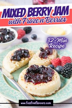 the cover of mixed berry jam with frozen berries is shown on a blue and white plate