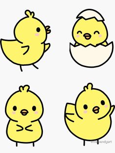 four yellow chicks with one egg in its mouth and the other looking like it's hatch