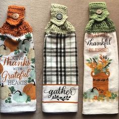 three wine bottle covers with thanksgiving sayings on them