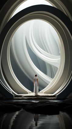 a woman standing in front of a large circular structure with white swirls on it