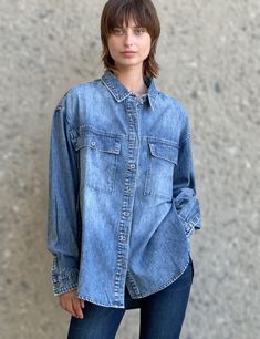 We set out to design a denim shirt that was adorable/comfy-beyond-words/every-day versatile. We didn't know it would become one of our all-time faves. Introducing the Oversized Denim Shirt from Wash Lab, in super-soft premium denim, in a flowy-free oversized cut that just feels...perfect! The model is 5'7" wearing size small Fabric: 100% Cotton Trendy Medium Wash Denim Top, Trendy Medium Wash Denim Top For Everyday, Relaxed Fit Medium Wash Denim Top, Trendy Light Wash Denim Top For Everyday, Denim Tops For Everyday Fall Wear, Everyday Denim Tops For Fall, Trendy Relaxed Fit Chambray Denim Top, Trendy Oversized Blue Denim Top, Trendy Denim Blue Top For Everyday