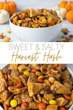 sweet and salty harvest snack mix in a white bowl with candy corn on the side