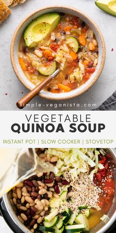 vegetable quinoa soup in a bowl with spoons and sliced cucumbers