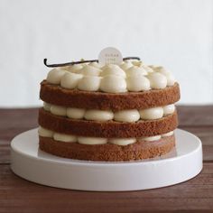 a layered cake with white frosting on a plate