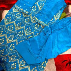 Beautiful Blue Embroidered Salwar Suit Totally New Never Worn 38 Bust Silk Blue Kurta With Resham Embroidery, Blue Silk Kurta With Resham Embroidery, Silk Kurta With Resham Embroidery In Blue, Blue Silk Kurta For Festive Occasions, Blue Silk Kurta With Zari Work, Festive Blue Silk Kurta, Blue Semi-stitched Silk Kurta, Semi-stitched Silk Blue Kurta, Blue Silk Long-sleeved Traditional Wear