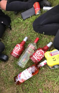 several people sitting on the grass with some bottles