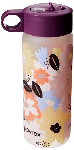 a water bottle with purple lid and flowers on it