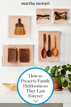 a white table topped with lots of wooden utensils