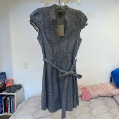 -Bought From Anthropologie, Tags Says Fei -Size Xs -Adorable Grey Mini Dress With V Neckline And Button Up Detail -Has Small Ruffle Detailing And Ruched Cap Sleeves -Has Self Tie Belt Along The Waist -Beautiful And Flattering Dress That’s So Classy And Cute Spring Cotton Dress With Fitted Waist, Cotton Dresses With Fitted Waist For Spring, Cotton Knee-length Dress With Fitted Waist, Fitted Midi Dress For Work, Grey Mini Dress, Peplum Lace, Swiss Dot Dress, Long Sleeve Tunic Dress, Embroidered Tunic Dress