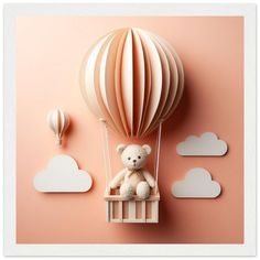 a teddy bear sitting in a hot air balloon with clouds and balloons on the wall