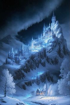 a castle in the middle of a snowy mountain with trees and snow on it's sides