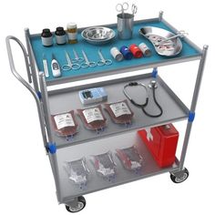 a medical cart with many items on it