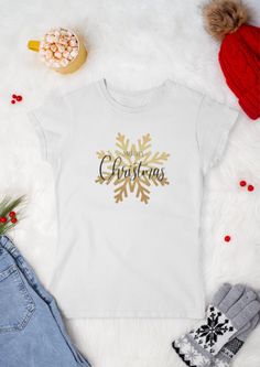 Made to Order Free Shipping Excellent Quality T Shirt Celebrate in Style Glitter Snowflake Shirt, Cheap White Christmas T-shirt, Gold Snowflake, Gold Christmas, Quality T Shirts, Graphic Tees Women, Christmas Tshirts, White Christmas, Womens Clothing Tops