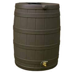 a large plastic barrel with a brass faucet on the front and side handles