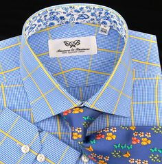 This Listing is for 1x Classic Mens Blue and Yellow Plaids Checks and Stripes Designer Formal Business Dress Shirt Stylish Luxury Fashion Apparel in Double Cuffs or Button Cuffs (Sexy Cool Blue Paisley Inner-Lining) ~ B2B Shirts / Business to Business® ~ (Easy Iron Wrinkle Free Specially Imported Designer Fabric) Choose From Two Cuff Options: Designer Style: #209B BYNSC - Standard Button Cuffs with Chest Pocket MSRP: $129.99 Super Promotional Sale - Hurry Now! Prices Revert Back to MSRP Once Sto Business Dress Shirts, Paisley Flower, Dress Shirt And Tie, Create Shirts, Yellow Plaid, Shirt Dress Style, Formal Business, Tie Set, Luxury Dress